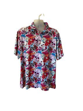 HRESKI Golf Polo Mens Skull Print Colorful Stretchy Size Xlarge
